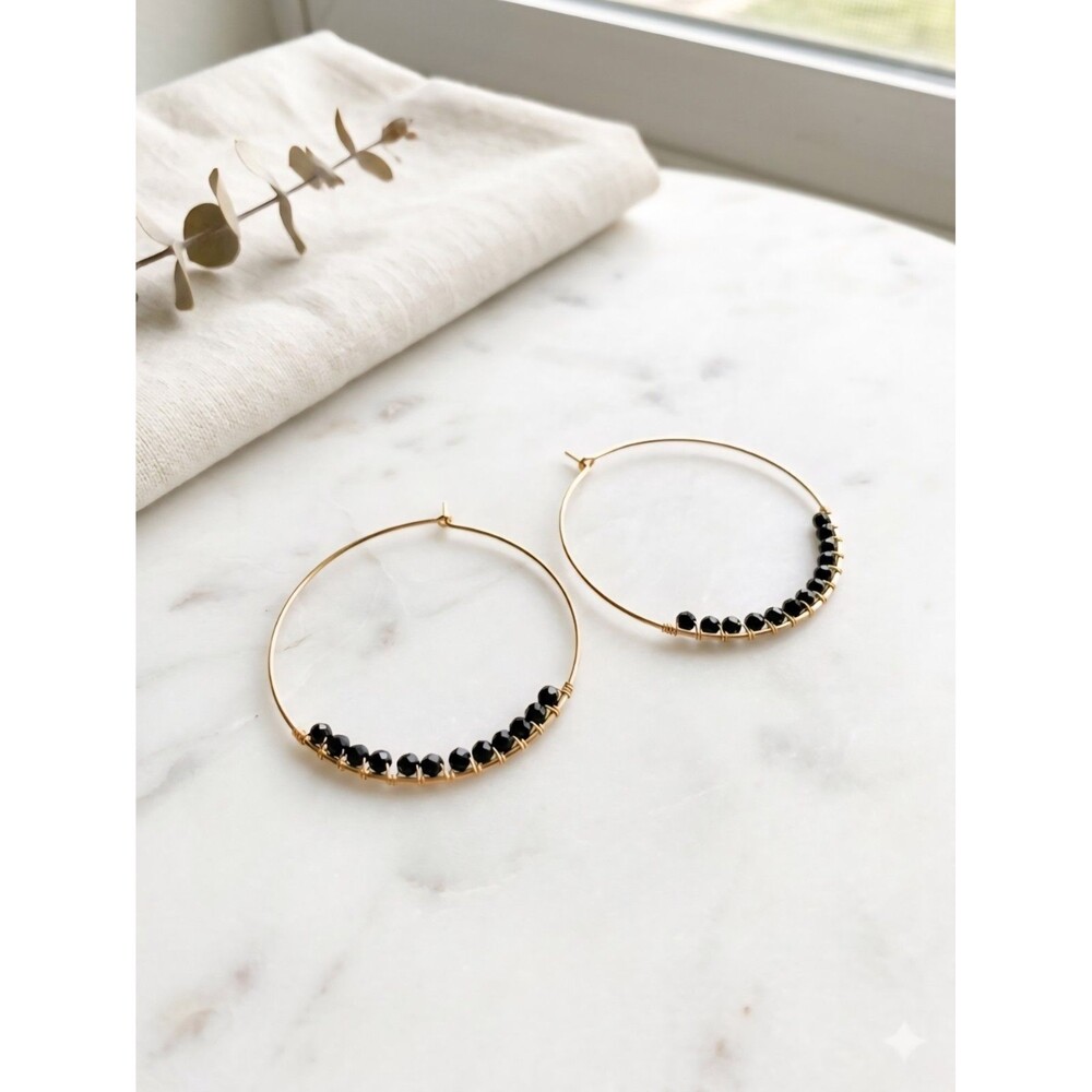 Elegant Gold Tone Beaded Hoop Earrings Black Gemstone Accents Infinity Loops